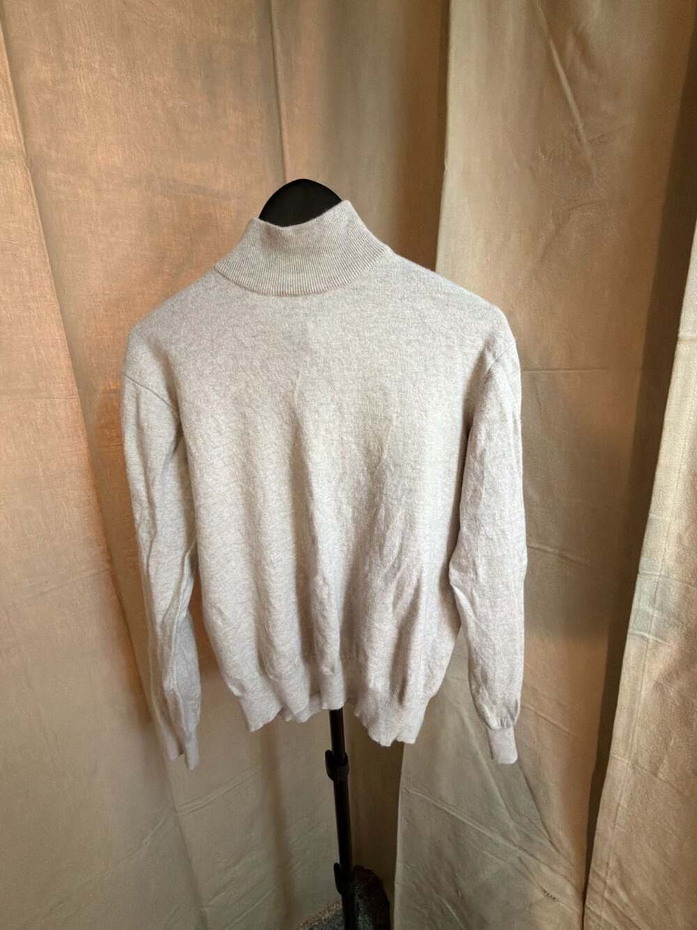 Bachrach Men's Mockneck Sleeve Sweater, Beige Merino Wool and Silk Blend, Size M